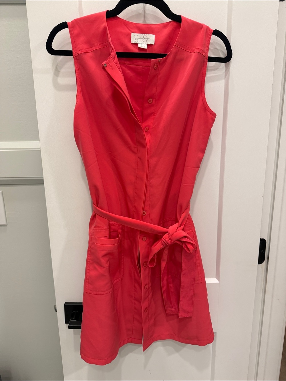 Jessica Simpson Coral Red Sleeveless Button-Front Dress with Waist Tie